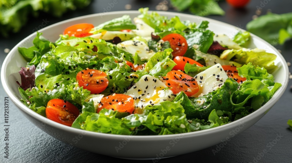 Fresh Garden Salad with Cherry Tomatoes, Creamy Dressing, Crisp Lettuce, and Healthy Ingredients on a Dark Stone Background for Culinary and Nutrition Content Fresh Garden Salad with Cherry Tomatoes, Creamy Dressing, Crisp Lettuce, and Healthy Ingredients on a Dark Stone Background for Culinary and Nutrition Content