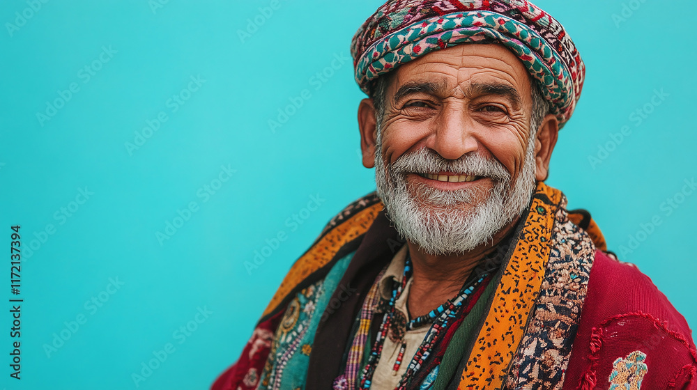 Obraz premium An old man dressed in traditional ethnic attire, smiling against a bright turquoise background, with plenty of copy space on the left.