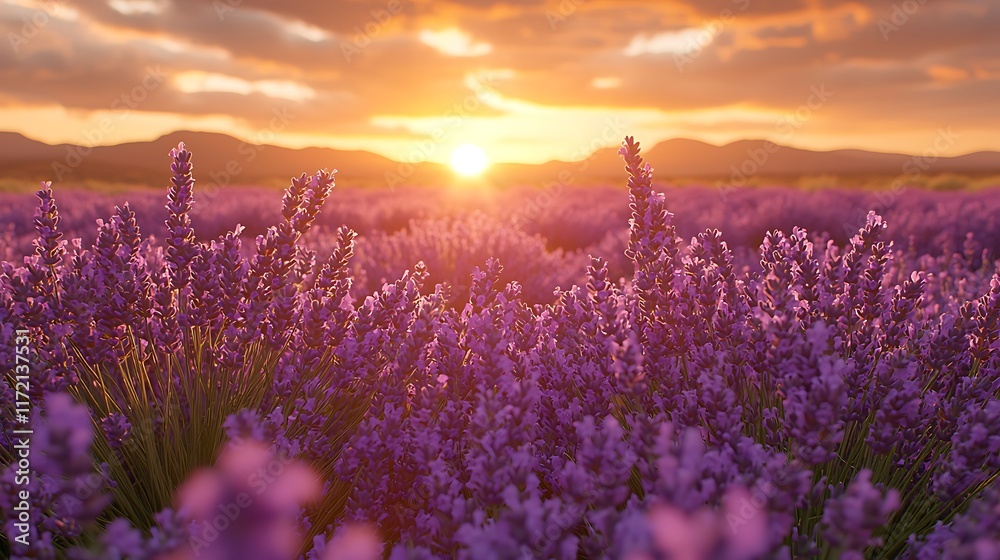 Obraz premium Vibrant sunset over a sprawling lavender field, showcasing the purple flowers and mountainous landscape.