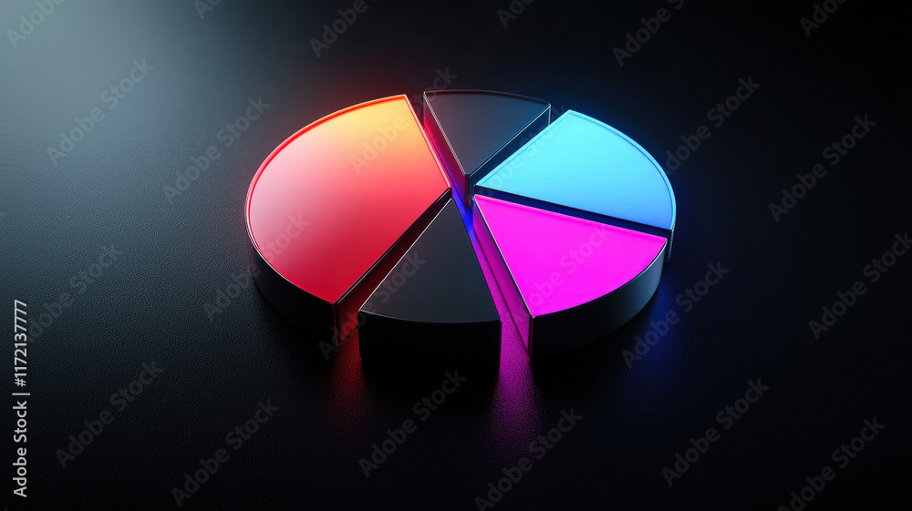 Fototapeta premium A futuristic market share pie chart with glowing, segmented slices in vibrant gradients, hovering over a sleek black surface with soft ambient lighting and a high-tech, digital aesthetic.