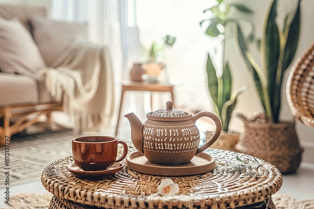 A cozy tea set on a small table --chaos 10 --ar 3:2 --style raw A cozy tea set on a small table --chaos 10 --ar 3:2 --style raw