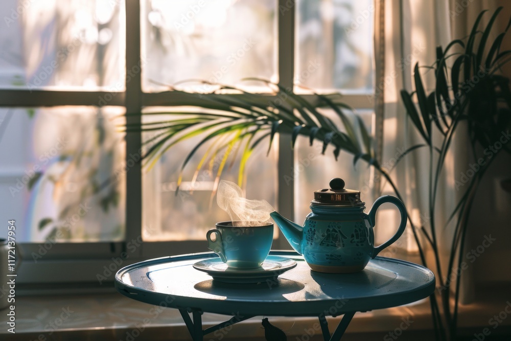 A cozy tea set on a small table --chaos 10 --ar 3:2 --style raw A cozy tea set on a small table --chaos 10 --ar 3:2 --style raw