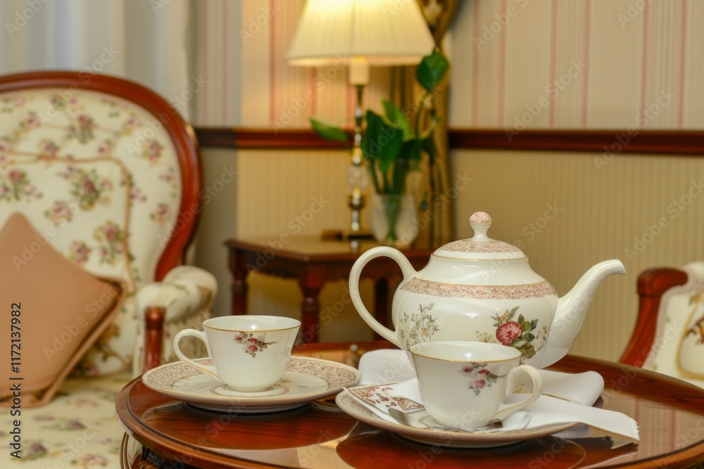 Fototapeta premium A cozy tea set on a small table --chaos 10 --ar 3:2 --style raw