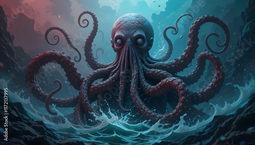 A colossal otherworldly octopus with textured skin emerges from turbulent waters its tentacles curling amidst a mystical deep sea landscape photo