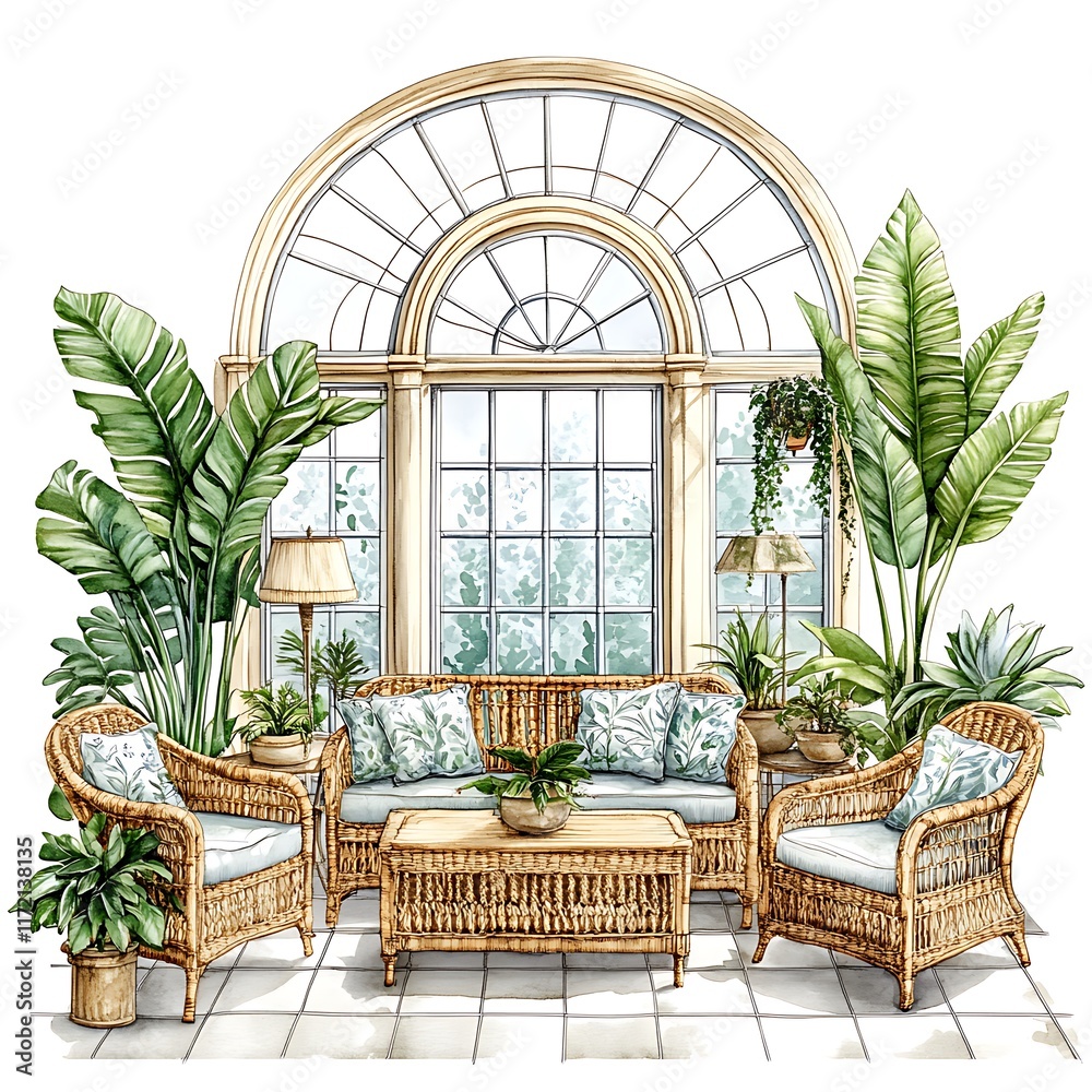 Watercolor illustration of a sunroom with wicker furniture, tropical plants, and an arched window. Watercolor illustration of a sunroom with wicker furniture, tropical plants, and an arched window.