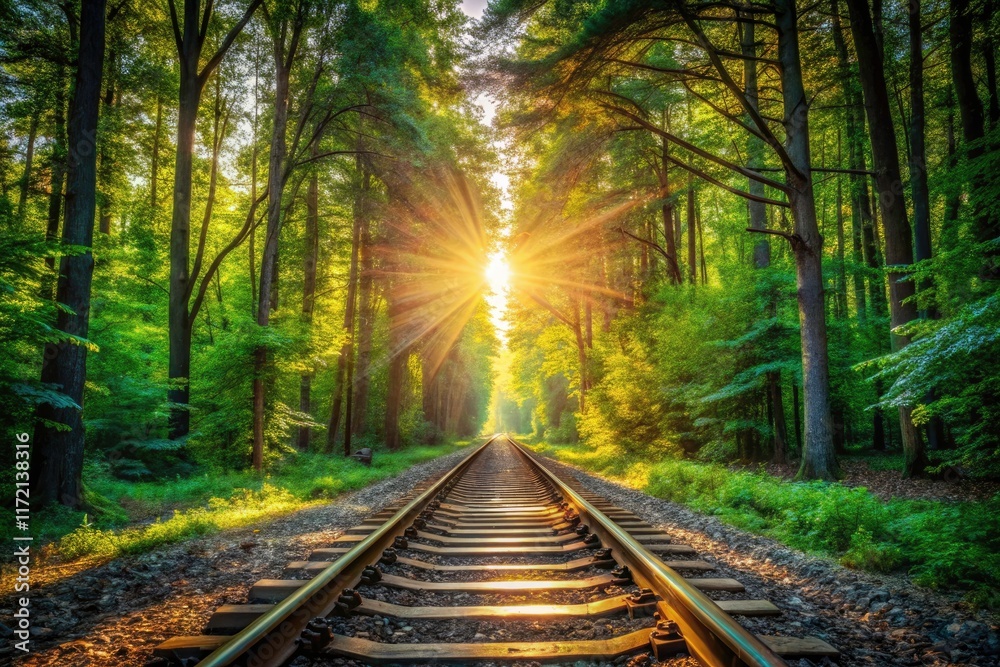 Forest railroad tracks, captured with rule of thirds, create a stunning nature scene. Forest railroad tracks, captured with rule of thirds, create a stunning nature scene.