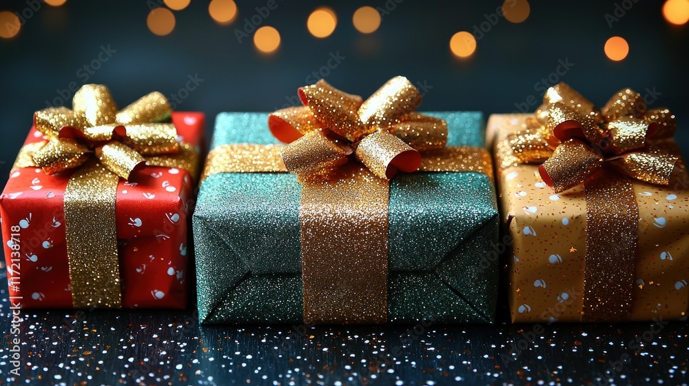 Fototapeta premium Three Beautifully Wrapped Christmas Presents with Gold Ribbons
