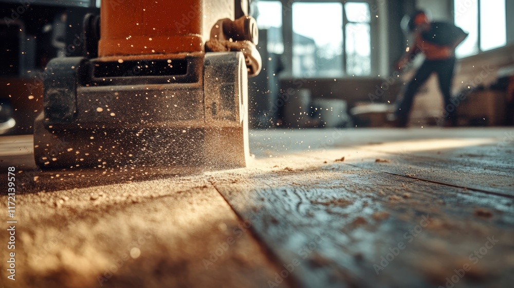A close-up view of a floor sander in action, creating wood dust in a workshop environment, with a worker visible in the background. A close-up view of a floor sander in action, creating wood dust in a workshop environment, with a worker visible in the background.