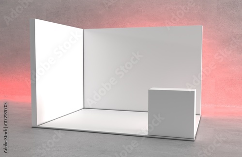 Blank indoor exhibition with work paths. Blank white trade exhibition booth system stand.
