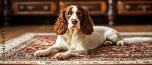 Dog on ornate carpet, home interior, relaxation, stock photography photo