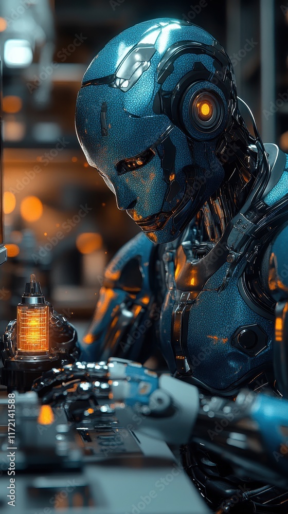 Fototapeta premium A futuristic robot meticulously assembling a device in a high-tech workshop.