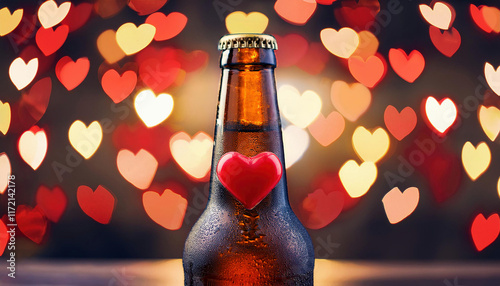 A cold beer bottle with a red heart decoration is photographed against a romantic bokeh background of glowing heart shapes.