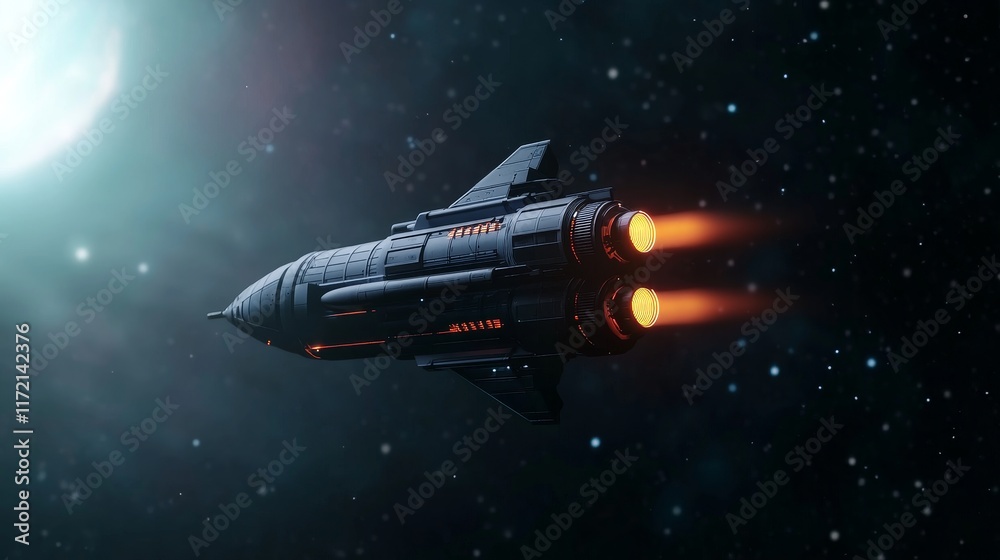 Fototapeta premium A futuristic spacecraft propels through the dark expanse of space, leaving fiery exhaust trails against a backdrop of stars and distant celestial bodies.
