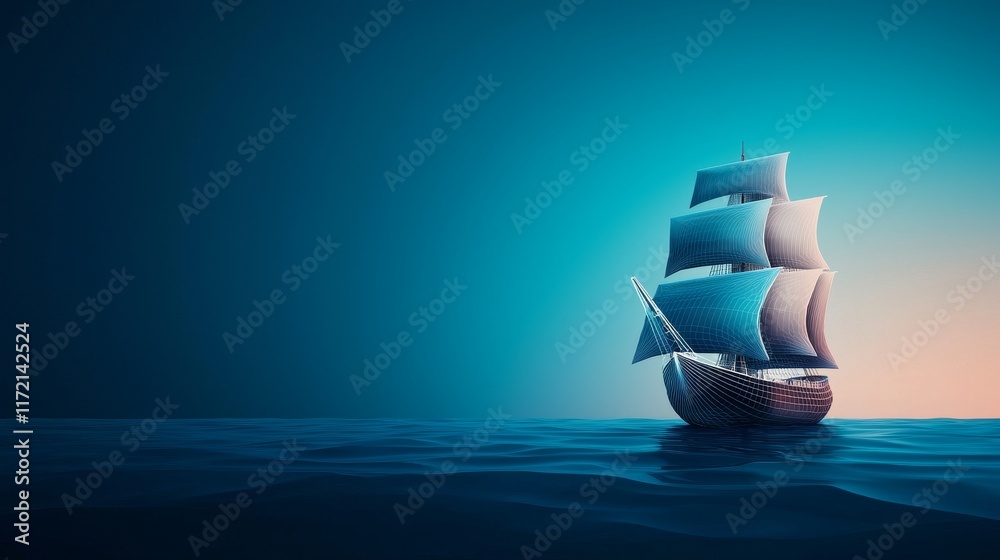 Obraz premium A majestic ship sails across calm, blue waters under a serene sky, evoking a sense of adventure and tranquility.