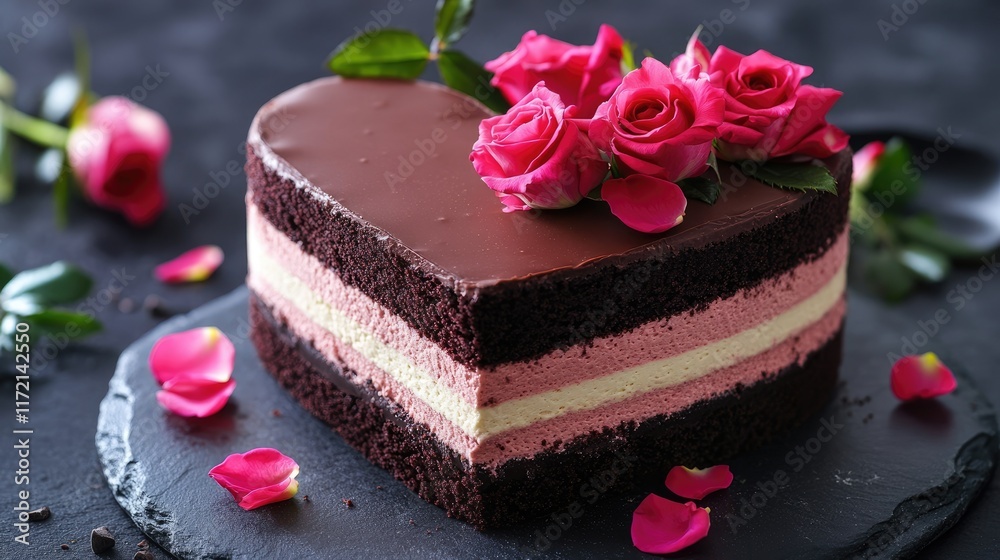 A gourmet heart-shaped cake with alternating layers of chocolate and rose-infused cream A gourmet heart-shaped cake with alternating layers of chocolate and rose-infused cream