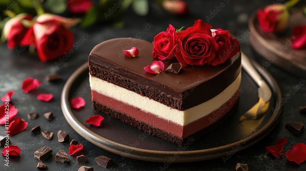 A gourmet heart-shaped cake with alternating layers of chocolate and rose-infused cream A gourmet heart-shaped cake with alternating layers of chocolate and rose-infused cream