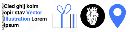 Visual elements include a blue-outlined gift box, anatomical heart on a black circle, and blue location marker icon next to placeholder text. Ideal for gift services, medical pages, location-based