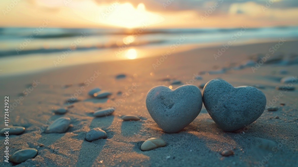 Fototapeta premium Two Smooth Stone Hearts Resting Together on a Serene Beach at Sunset with Soft Waves in the Background Captivating Nature's Beauty and Symbolizing Love