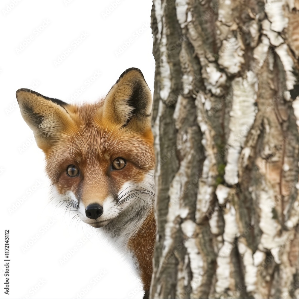 Fototapeta premium A clever fox peeking from behind a tree, isolated in white, white background