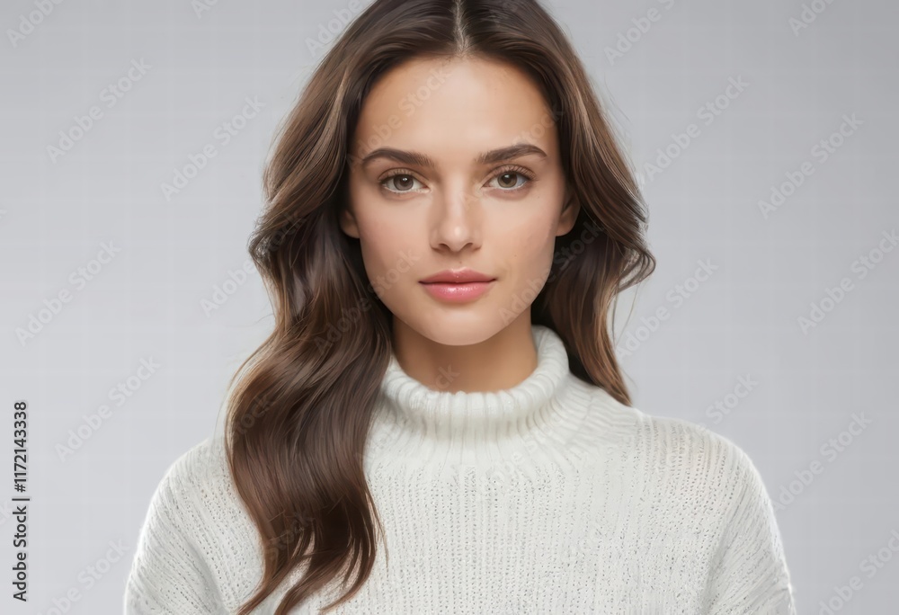 Confident woman in a stylish cream turtleneck sweater. Confident woman in a stylish cream turtleneck sweater.