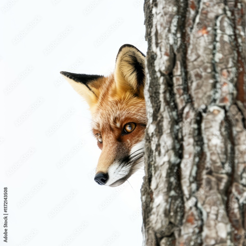 Fototapeta premium A clever fox peeking from behind a tree, isolated in white, white background