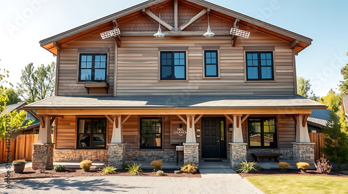 Fototapeta Naklejka Na Ścianę i Meble -  Two-Story House with Wood Siding and Covered Porch