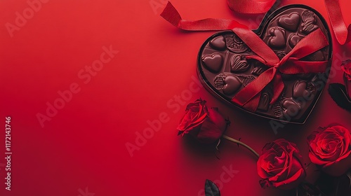 A close-up of a heart-shaped chocolate box tied with a red ribbon and paired with roses on a vibrant red background with text space for Valentine's Day promotions photo