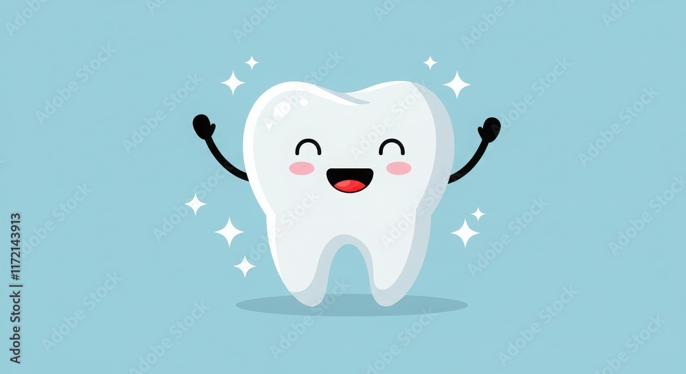 Cute cartoon tooth character, happy smiling expression, arms raised, sparkles and shine Cute cartoon tooth character, happy smiling expression, arms raised, sparkles and shine