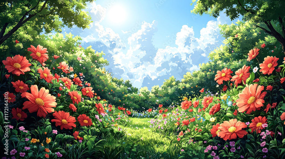 Sunny forest path with blooming flowers and bright sky background, ideal for backgrounds