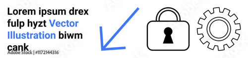 Black lock, gear, and blue arrow design accompanied by placeholder text. Ideal for security, settings, configuration, protection, navigation direction and technology themes. Landing page