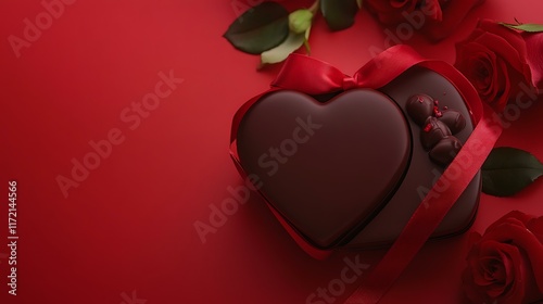 A close-up of a romantic heart-shaped chocolate box tied with a red ribbon and paired with roses on a bright red background with copy space for Valentine's Day designs photo