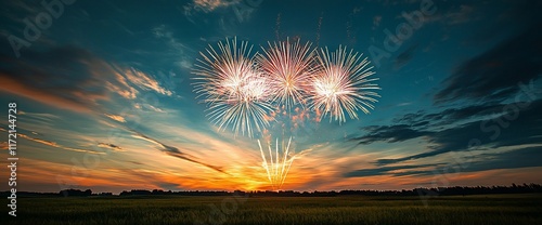 Festive fireworks display over a scenic sunset landscape.