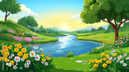 Sunrise over tranquil river, blooming meadow, mountain backdrop, ideal background image