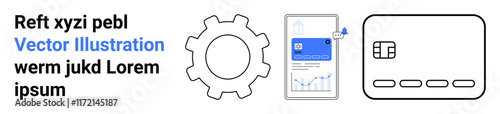 Gear cog adjacent to a smartphone displaying a software interface and a credit card suggesting technology intersection, digital transactions, app user interface. Ideal for fintech, e-commerce, online