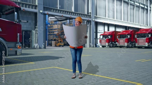 Full Body Of Asian Female Engineer With Safety Helmet Looking At Blueprint In Her Hands, Outside of Logistics Distributions Warehouse photo