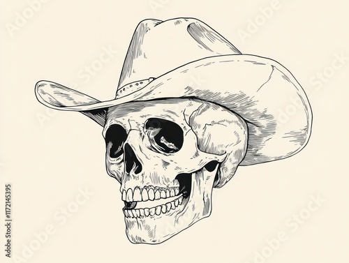 Cowboy Skull, A detailed ink drawing of a human skull wearing a classic western hat, exuding a blend of mortality and wild west aesthetics,