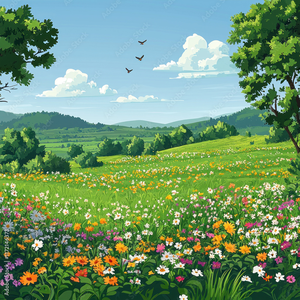 Butterflies soar over a vibrant wildflower meadow nestled in a tranquil valley landscape Butterflies soar over a vibrant wildflower meadow nestled in a tranquil valley landscape