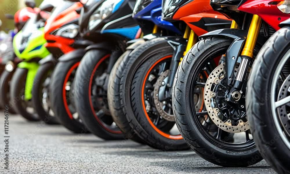 A row of colorful motorcycles parked, showcasing their sleek designs and tires, highlighting the passion for biking and motorcycle culture.