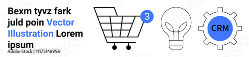 Shopping cart with notification, light bulb, CRM gear icon. Ideal for e-commerce, innovation, technology, CRM systems, online shopping, marketing, and business development. Landing page