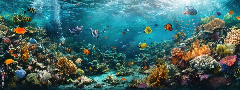 Naklejka premium A surreal image of a coral reef teeming with colorful fish and marine life under sparkling turquoise waters, Coral reef scene, Surreal style