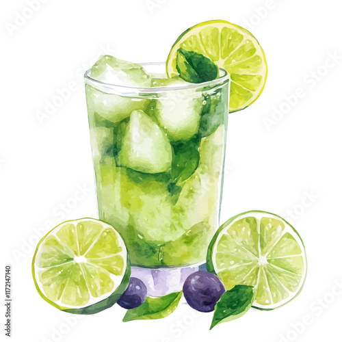 A watercolor vector painting of a Grape Lime Juice, isolated on a white background. Grape Lime Juice vector.

