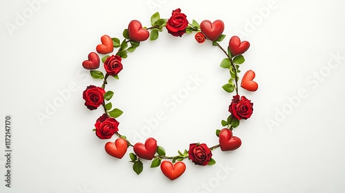 A colorful design of red hearts and roses forming a wreath with bold lettering for Happy Valentine's Day on a clean white backdrop