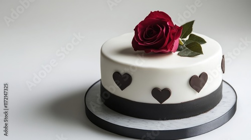 A minimalist white cake with dark chocolate icing and subtle heart motifs, complemented by a single red rose photo