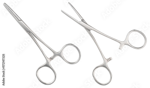 Forceps tool. Kelly forceps scissors. Stainless steel hemostatic forceps surgical forceps with locking clamps. Fishing pliers curved, straight tip. Fishing hook extractor. Medical instrument, supply 