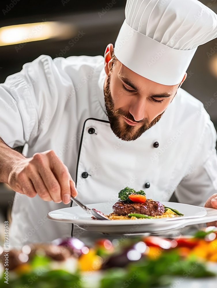 A Focused Chef Precisely Plates a Culinary Masterpiece, Showcasing Expertise and Attention to Detail with Exquisite Garnishing Techniques,