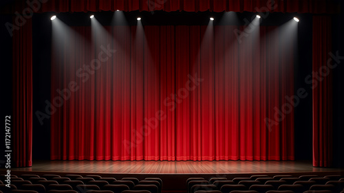 Rehearsals begin on an empty stage. no audience. red curtains. spotlight photo