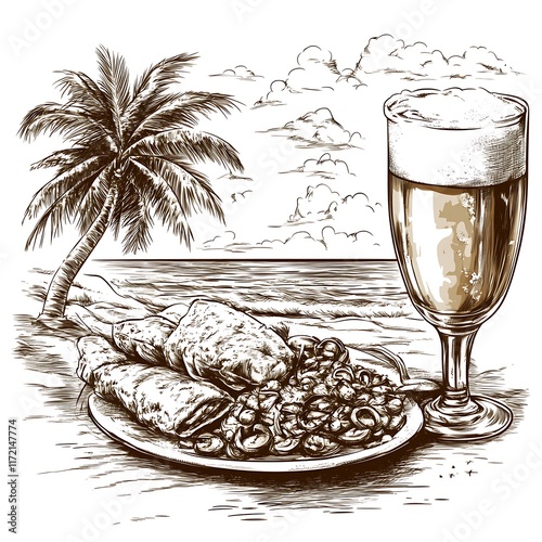 Hand-drawn illustration of a tropical beach scene with a plate of food and a glass of beer. photo