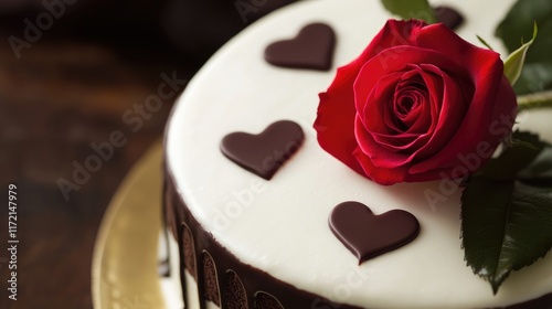 A minimalist white cake with dark chocolate icing and subtle heart motifs, complemented by a single red rose photo