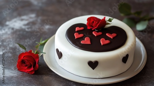 A minimalist white cake with dark chocolate icing and subtle heart motifs, complemented by a single red rose photo