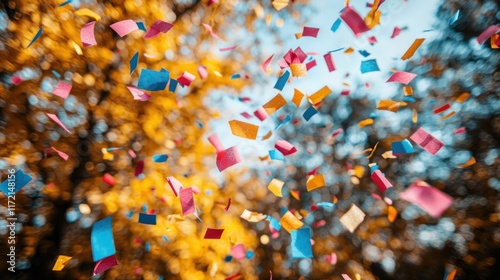 Celebration Confetti Burst: A vibrant explosion of colorful confetti against a blurred autumnal backdrop, capturing the joyous energy of a festive moment.